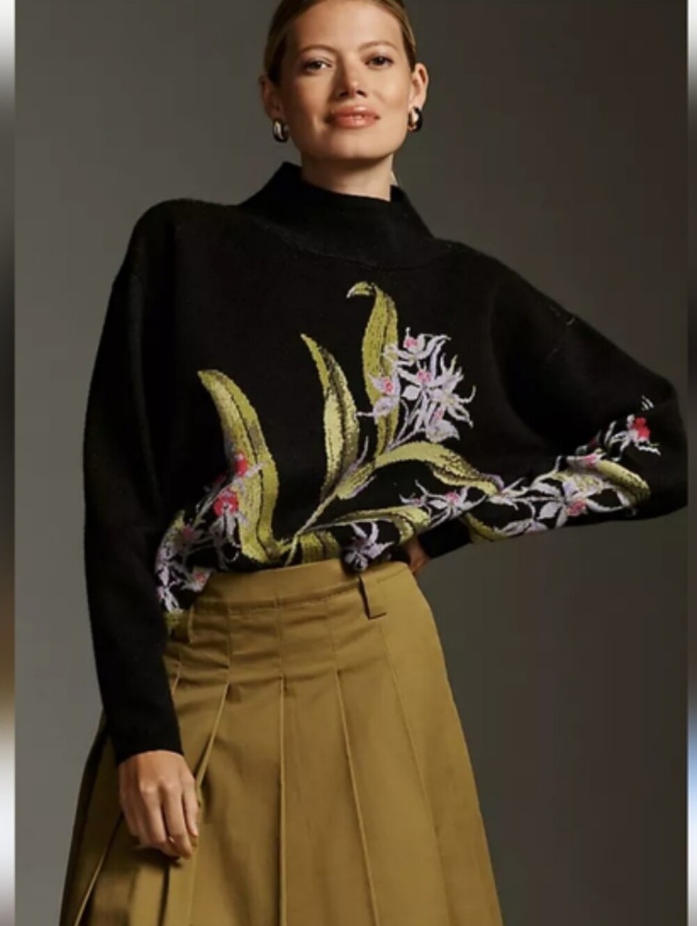Anthropologie Maeve Carys Mock-Neck Oversize Sweater Black Botanical Print